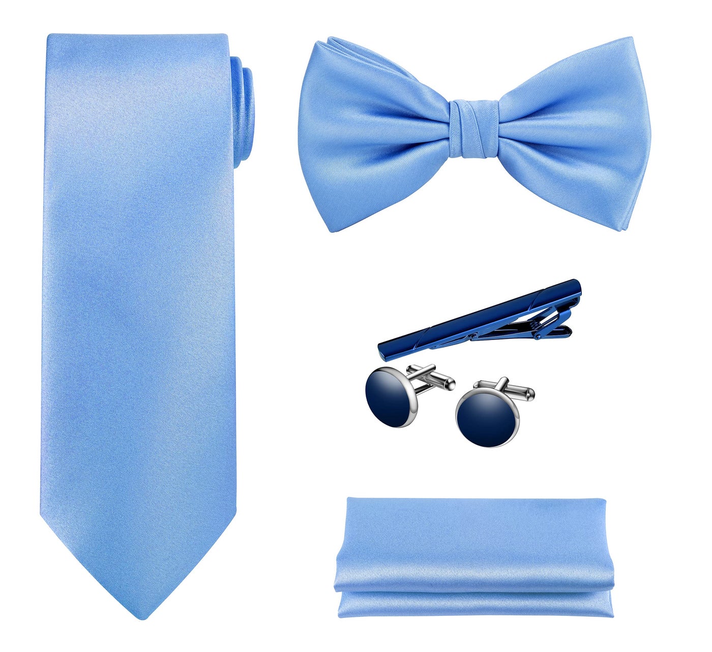TIE G 5pcs Tie Set in Premium Gift Box : Solid Color Necktie, Satin Bow Tie, Pocket Square, Tie Bar, Cuff Links (D-BB Sky Blue)